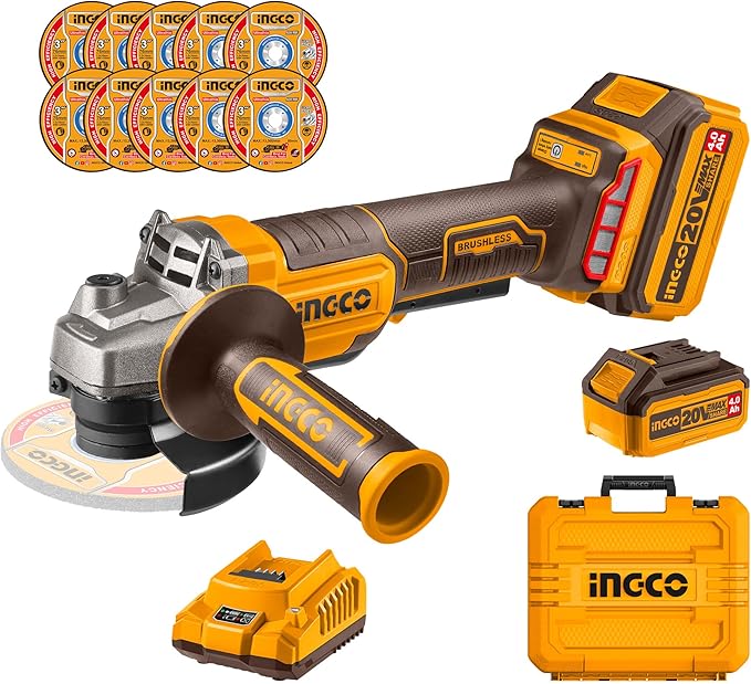 INGCO 20 V Smerigliatrice angolare senza fili 8000 giri/min 115 mm con 1 batteria 4.0 Ah, 1 caricatore rapido, 10 dischi da taglio per tagliare, lucidare e affilare CAGLI2111561